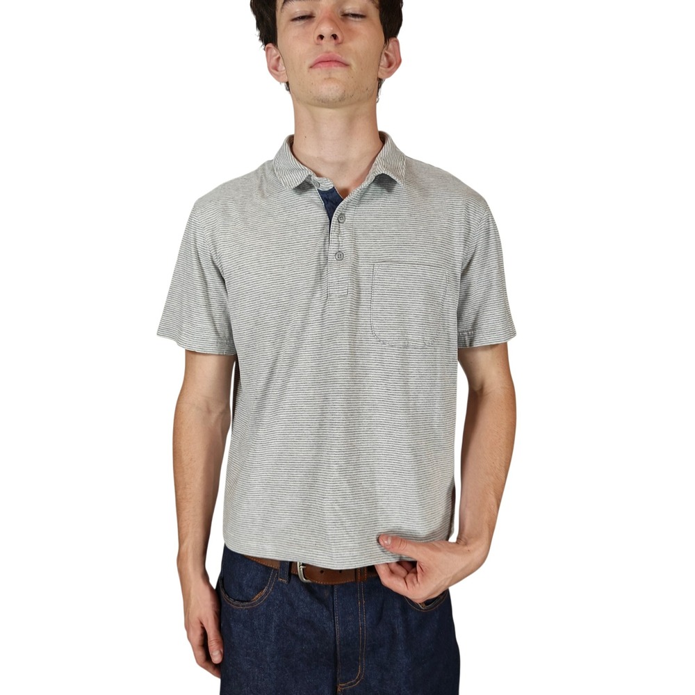 Goodthreads Mens Grey Striped Soft Cotton Polo Shirt Cropped Hem Size L